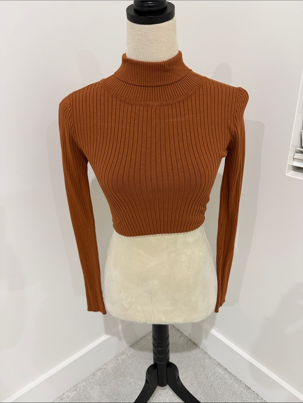 Hera Collection Ribbed Mock Neck Long-Sleeve Crop Top - Rust Brown